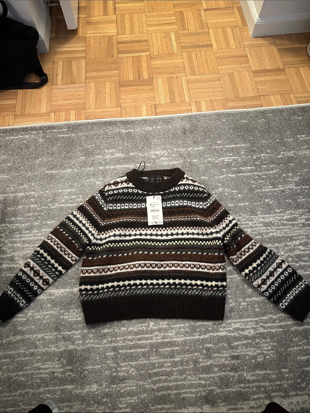 Zara Women's Striped Fair Isle Crewneck Sweater - Brown, Cream & Black